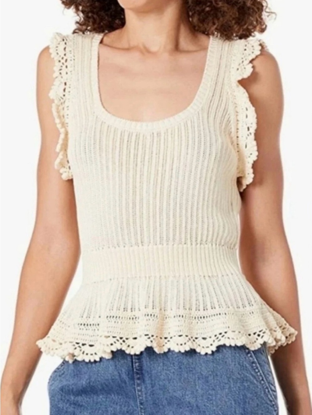 PAIGE Cream Crochet-Trim Peplum Knit Tank